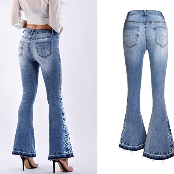 2xHP💝Women’s Embroidered Flared Jeans small waist 14” inseam 30” rise 9” - Picture 2 of 6